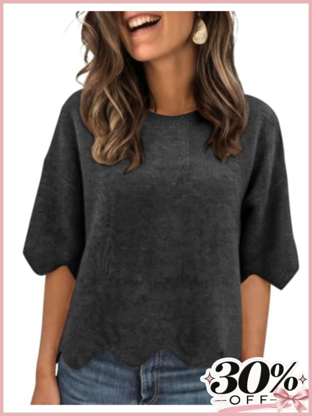 Womens Short Sleeve Sweater Scalloped Oversized Cropped Crewneck Knit Pullover